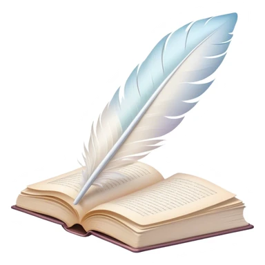 Create a delicate and poetic emoji representing poetry. The design should feature several elegantly flying pages with short poetic columns written on them. The pages should appear light and flowing, almost as if being carried by the wind. Include a white feather gently resting on the pages, symbolizing creativity and inspiration. Use soft, pastel tones like light creams to give it a dreamy, artistic feel. The design should feel ethereal and whimsical, capturing the essence of poetry. Make the background transparent. sticker
