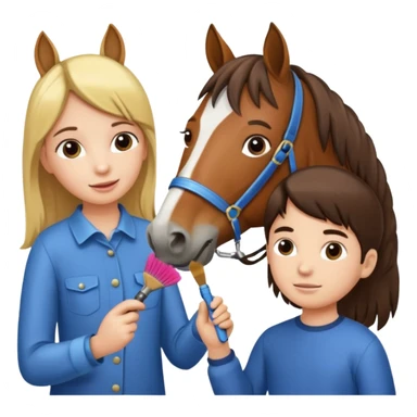 two children grooming a horse] sticker