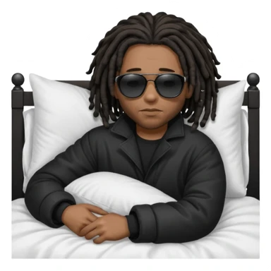 African American man with shoulder length black dreadlocks wearing black sunglasses with black bubble winter coat sleeping in bed sticker