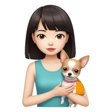 a pretty Asian girl, with hair bangs, pale skin, with manicure holding a chihuahua in her, with the attuidute of whatever" sticker