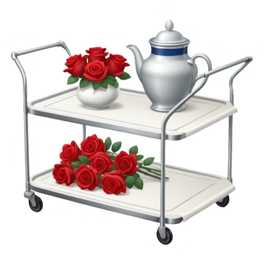 Room service trolley: A silver serving trolley with covered dishes, folded napkins, and a small flower vase. sticker