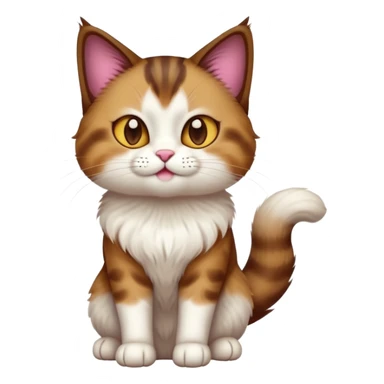 cinematic-[showshoe cat]-realistic-full-body-sitting-emoji,-tail-curled-playfully-around-its-paws,-head-tilted-dramatically,-fluffy-[brown and white]-fur,-simplified-yet-realistic-focused-features,-highly-detailed,-glowing-with-an-almost-sarcastic-glow sticker