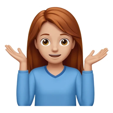 shrugging happy emoji tween long auburn hair light blue shirt with a darker blue L sticker