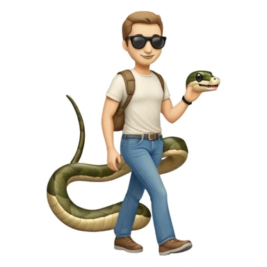 friendly anthropomorphised snake in jeans, t-shirt, dark sunglasses, walking with a smile sticker