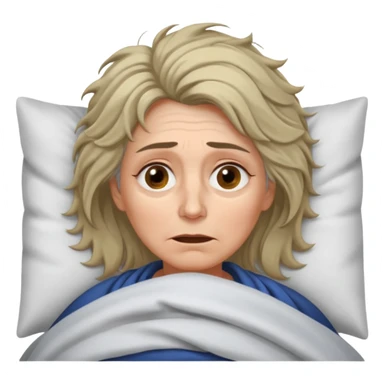 A 55-year-old woman lying in bed at night, unable to sleep. She looks exhausted and desperate, with visible dark circles under her eyes, tired facial expression, slightly messy hair. She is under the blankets, staring at the ceiling.  sticker