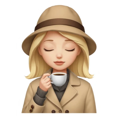 Blonde girl with white skin and eyes closed, wearing a clod ge coat's hat who smells the coffee in her hand  sticker