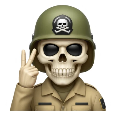 A bold emoji-style (bodyless) white skull wearing a realistic modern army helmet, making a shushing gesture (index finger bone held up to mouth area). Clean vector style,modern emoji aesthetic.The helmet has detailed realistic texture. sticker