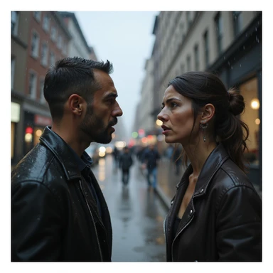 Couple arguing on the street under the rain, heated gestures, angry and frustrated faces, urban atmosphere, hyperrealistic details, 4K resolution sticker