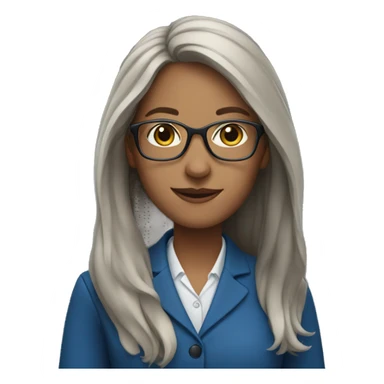 female teacher with long hair, glasses and blue jacket sticker