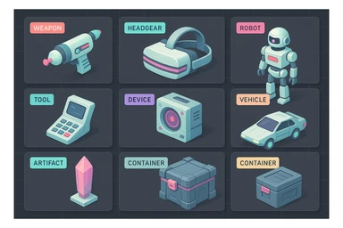a virtual display, a gray grid with darker gray cells, each cell containing an item viewed in isometric minimalism render The cells have pastel neon colored labels in their upper corner, indicating various traits of the items. retrofuturism, circa 2880's sticker
