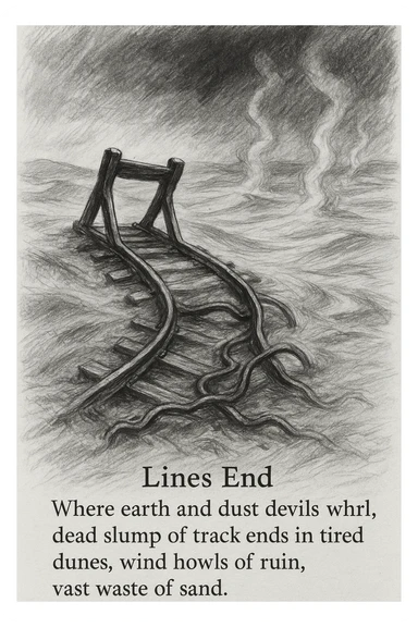 black and white pencil sketch inspired by the poem 'Lines End', showing a desolate, slumping railroad track ending abruptly in a barren landscape of dunes and sand, twisted rails, sense of ruin, vast empty wasteland with wind, earth, and dust devils, dramatic lighting, no background clutter, poem text included in regular font flowing along the bottom or side of the sketch sticker