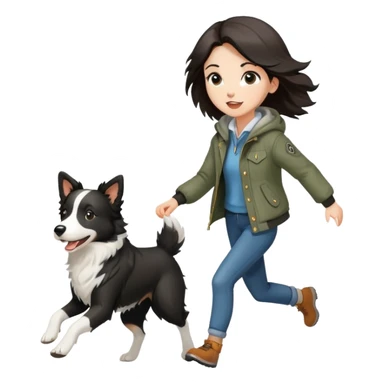 A beautiful girl with fair skin wearing a jacket chasing a Border Collie sticker