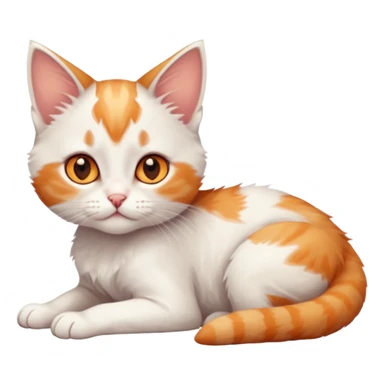 full body of very small + skinny ginger and white kitten with deep orange eyes and triangular shaped face lying down with bent front paws sticker