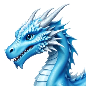 Cinematic Noble elegant Ice Dragon Portrait Emoji, Poised and imposing, distinct long elegant snout, with a slender, scaled body shimmering in glacial hues of icy blue, frostbitten silver, and crystalline white, breathing out frost, with piercing, glowing ice blue white eyes that radiate the chilling depths of an arctic storm; rendered in detail. sticker