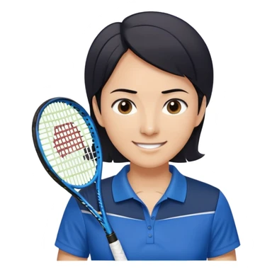 light brown skinned tennis coach, short straight black hair with widow's peak, oval face, small eyes, smiling, holding blue Yonex tennis racket, wearing dark navy blue dry fit shirt sticker