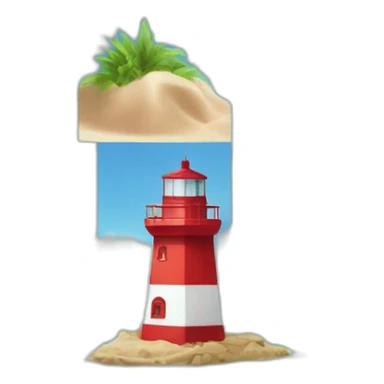 landscape, red and white lighthouse in the sea, six rectangular stones around, some sand and a coconut tree sticker