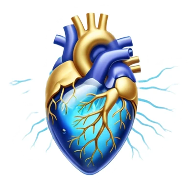 Golden omega-3 fish oil capsule with ethereal blue glowing aura connecting to a translucent heart and brain, showing energy flowing between them, with soft light waves sticker