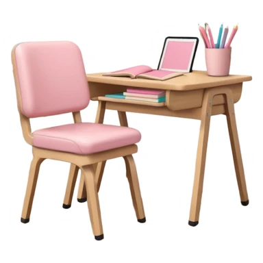 Student library table with pastel pink stationery, beige tote bag on the chair sticker