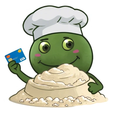 Happy emoji with credit card in hand and a pile of flour sticker