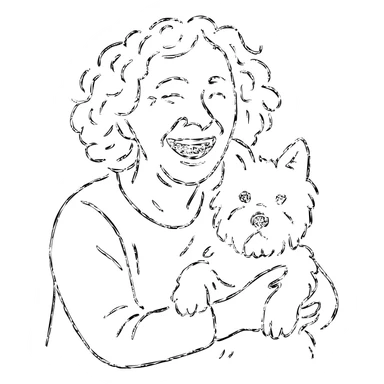 50-year-old woman with silver curly hair, laughing, holding a Westie dog, hand drawn outlined icon sticker