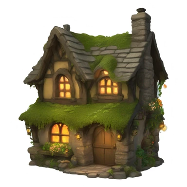 A cozy fantasy cottage made of stone and wood, covered in moss, vines, and flowers. The windows are aglow with firelight. sticker