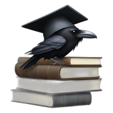raven in student cap with a stack of gray and brown books sticker
