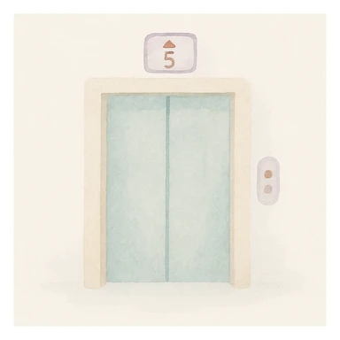 soft watercolor illustration in a minimalist modern style, pastel colors, delicate linework, gentle whimsical mood, minimal soft shading, elevator with indicator showing 5th floor sticker