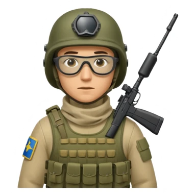 Ukrainian Intelligance agency warrior man in platecarrier with nato riffle in helmet, balaclava, poncho and ballistic glasses sticker