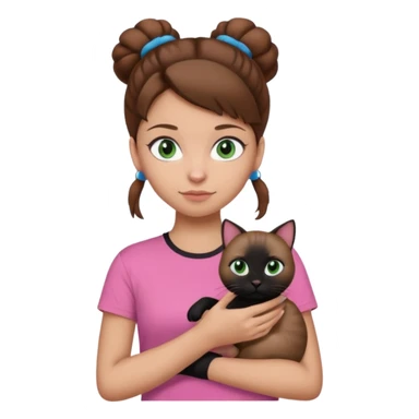 girl emoji with blue eyes, light skin, brown hair in a bun, wearing a pink t-shirt, holding a black cat with green eyes sticker