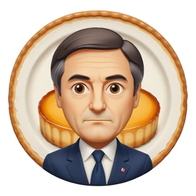 apple style emoji François Fillon's bust, whole head and face a single slightly translucent beige flan, all features flan, no human colors, on a round white plate sticker
