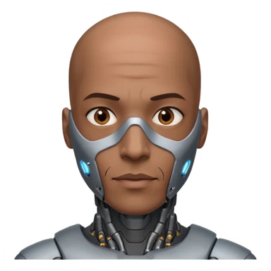 bald dark brown man, vertical half of his face covered in cyborg augmentations sticker