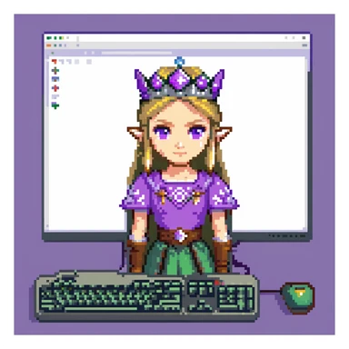 Princess Zelda wearing her crown and purple dress programming with code visible on computer screen sticker