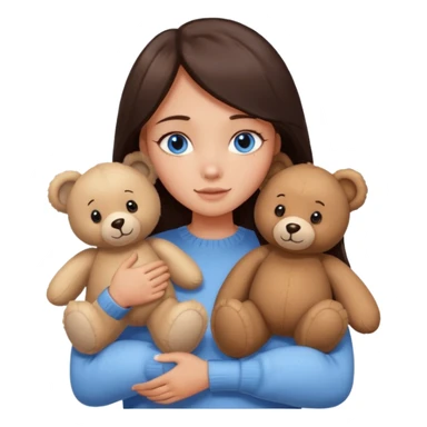 a girl with long dark 
brown hair, with blue eyes, in a
white sweater, hugs 3 different natural coloured sticker