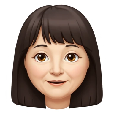 60 yr old woman, long hair down back, very small brown eyes, long hair, straight dark brown hair, bangs, chubby, long face, very tired but happy sticker