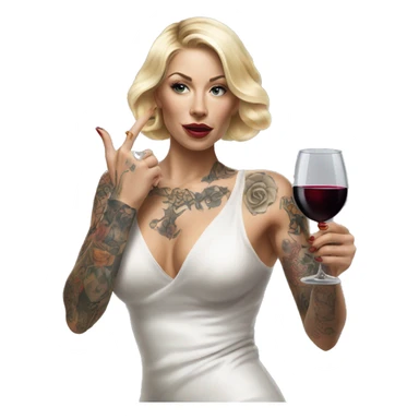 Blonde elegant women, her body covered with tattoos, wine in her one hand, Pointing Forward with her Other Hand , Hyper realistic sticker