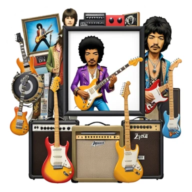 Rock music icon: powerful stage with electric guitars, drums, and amplifiers. Collage of rock icons—Jimi Hendrix, Led Zeppelin, Nirvana, and The Rolling Stones—symbolizing the energy and rebellion of rock. Transparent background. sticker