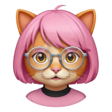 Orange Yellow cat wearing pink bob hair wig, circle glasses sticker