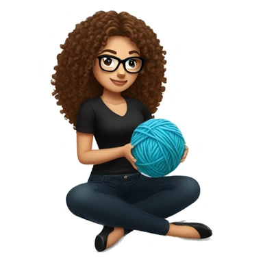 pretty Hispanic woman with long brown curly hair holding one ball of yarn with both arms wearing a black shirt and black glasses sticker