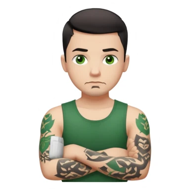 White young man with short black taper fade hair cut and slight goatee and neutral expression with his arms folded. Green eyes and arm tattoos sticker