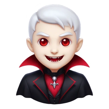 Cinematic Cute Vampire Portrait Emoji, with a refined yet playful small, rounded pale face accented by tiny, cute fangs and bright, twinkling eyes, sporting miniature elegant dark attire with a hint of crimson, simplified yet irresistibly charming, highly detailed with a soft glowing outline that captures the delightful duality of spooky sweetness and stylish allure! sticker