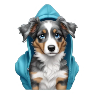 a 5 month old miniature American shepherd puppy, blue merle in color, with blue eyes, wearing a blue hooded sweatshirt and riding a wave sticker