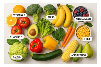 focus su frutta e verdura a tutto schermo e i micronutrienti in italiano contenuti in essa sticker