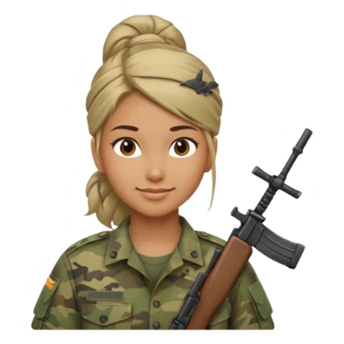 Apple emoji look — female soldier, no cap/helmet, bust, neutral smile, generic camo shirt, hair tied back, soft gradients, no weapon sticker