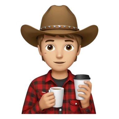 generate an ios genmoji of a 20 year old tan boy with a cowboy hat and side burns. Wearing a flannel and carrying a coffee mug sticker