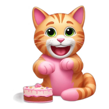 A cheerful pink cat eats a cake and waves its paw  sticker