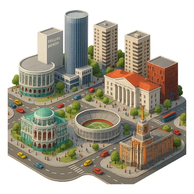 Изометричная миниатюрная фотореалистичная 3D модель Екатеринбурга - Дом Севастьянова, Ельцин-центр, Уральский федеральный университет, дома, Екатеринбург Арена, Медный дом, Здание Свердловского городского совета народных депутатов четкая детализация, яркие цвета, мультяшный реализм, люди, автотранспорт, компактная композиция, вид сверху в изометрии, прозрачный фон sticker