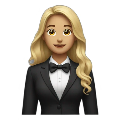 Woman with long hair wearing black suit with a black bow tie sticker