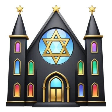 jewish synagogue temple in dark goth aesthetic style with black building and very light tint glass windows that are rainbow if looked at together. and star of david and celestial symbolism sticker