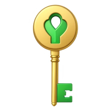 3D emoji, golden key, green check mark, professional style, white background. sticker