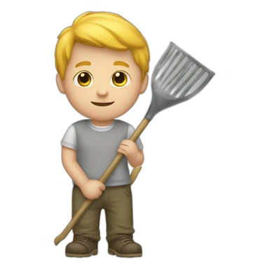 white kid holding a rake sticker